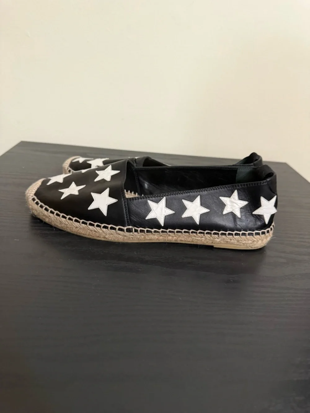 Saint Laurent Size 38.5 Black Leather White Star Espadrilles Loafers